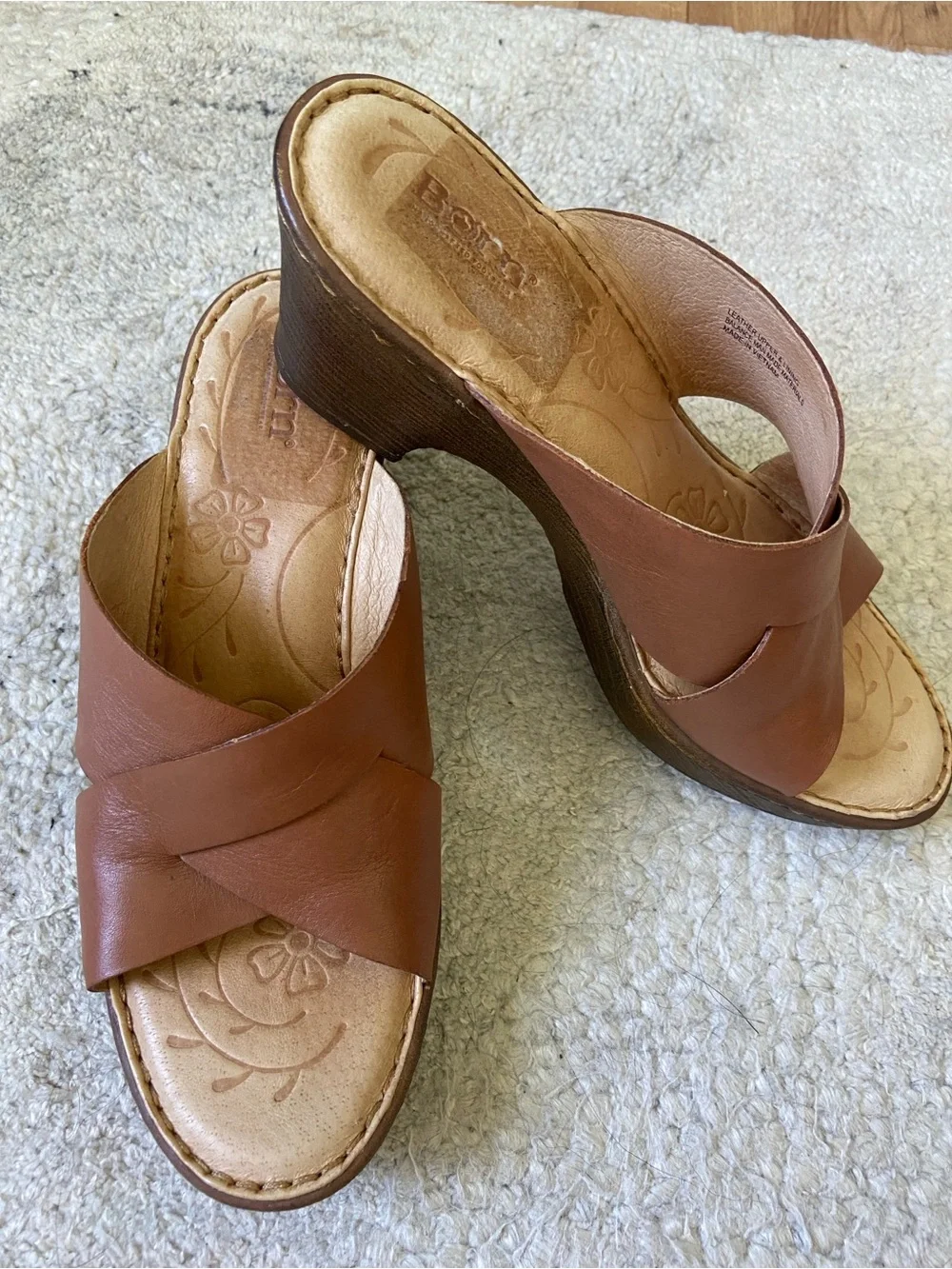 Born Brown Leather Crisscross Wedge Mules